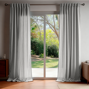 Stone Grey Linen Back Tab Curtains for Sliding Doors in a Living Room with White Walls