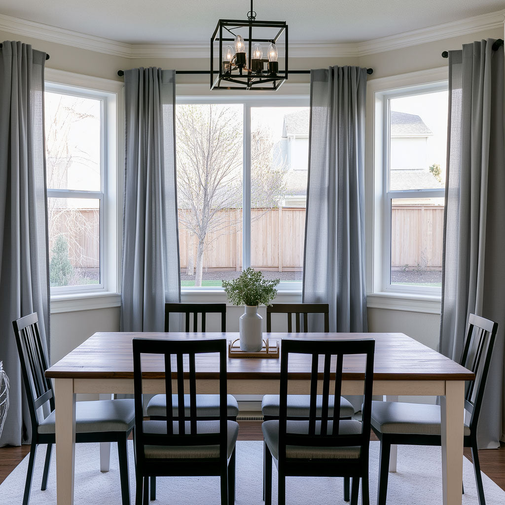 A modern dining room setup featuring a rectangular wooden table with six black chairs with light gray upholstered seats, set against a bay window with tall gray curtains and a black metal chandelier.