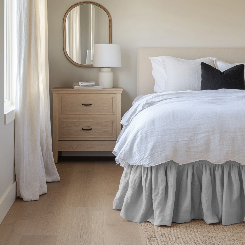 Stone Grey Linen Bed Skirt Valance with Gathered Ruffles
