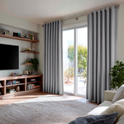 Stone Grey Linen Eyelet Curtains for Sliding Doors in a Living Room with Cream Walls - Blackout Lining