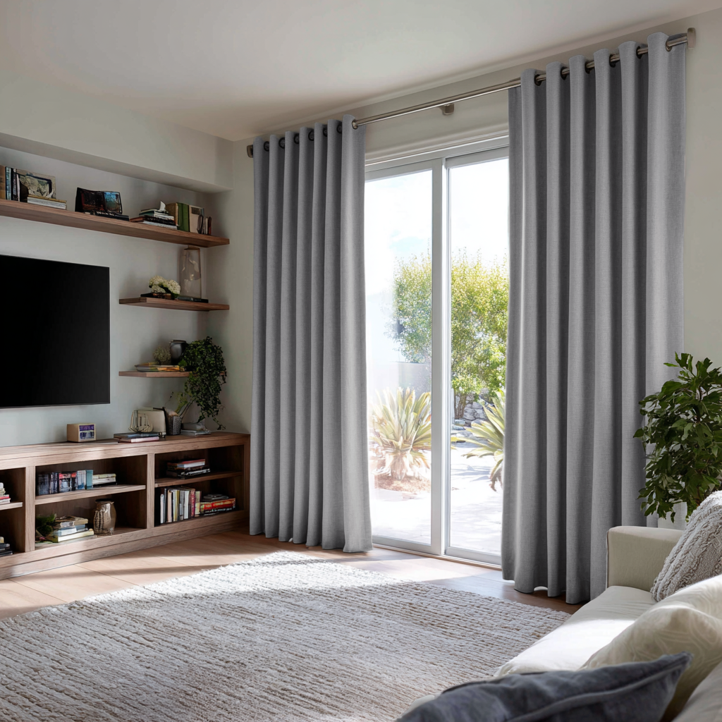 Stone Grey Linen Eyelet Curtains for Sliding Doors in a Living Room with Cream Walls - Blackout Lining