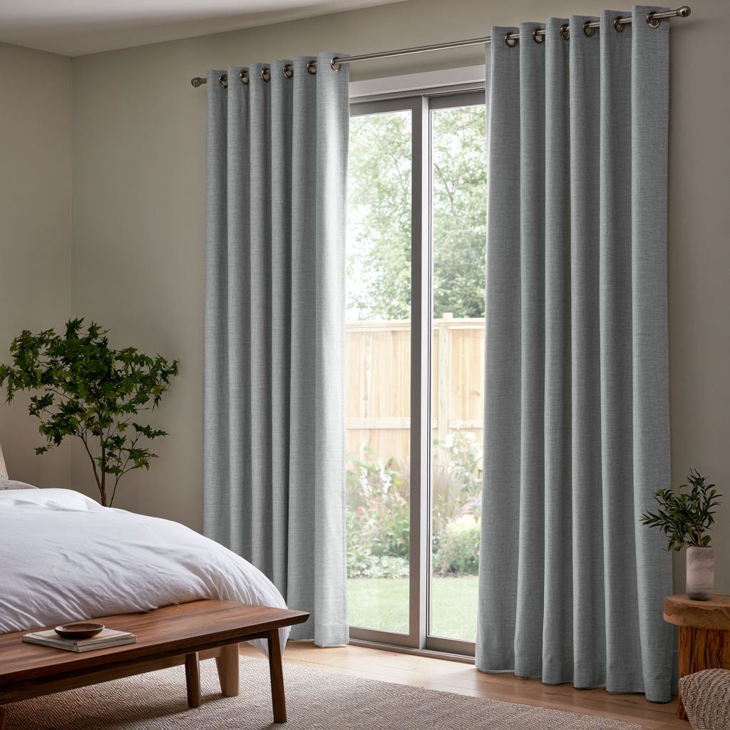 Stone Grey Linen Eyelets Extra Long Curtains in a Modern Bedroom with a Garden View and Natural Wood Furniture