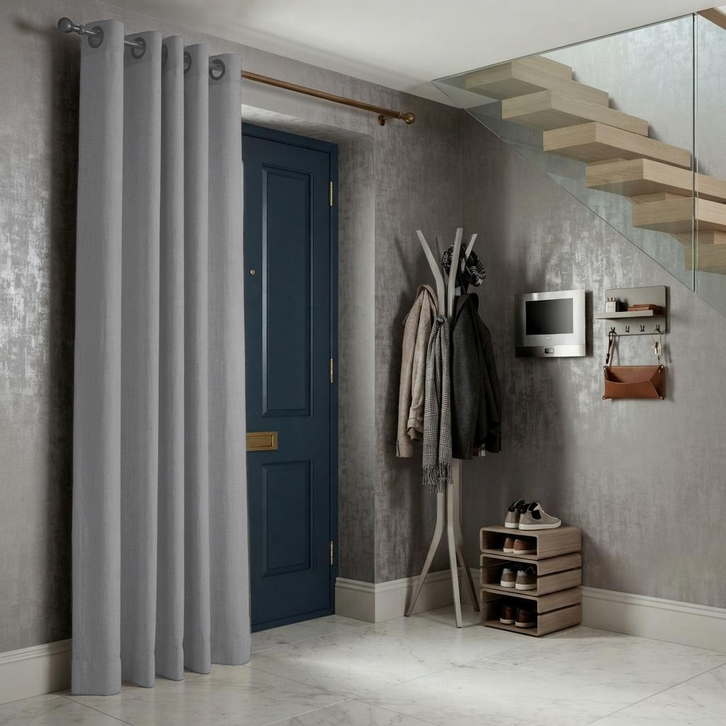 Stone Grey Thermal Door Curtain in a Hallway with Silver Foil Wallpaper and a Dark Blue Front Door