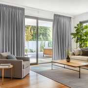 Stone Grey Linen Pencil Pleat Curtains for Sliding Doors in a Living Room with Bright White Walls - Blackout Lining