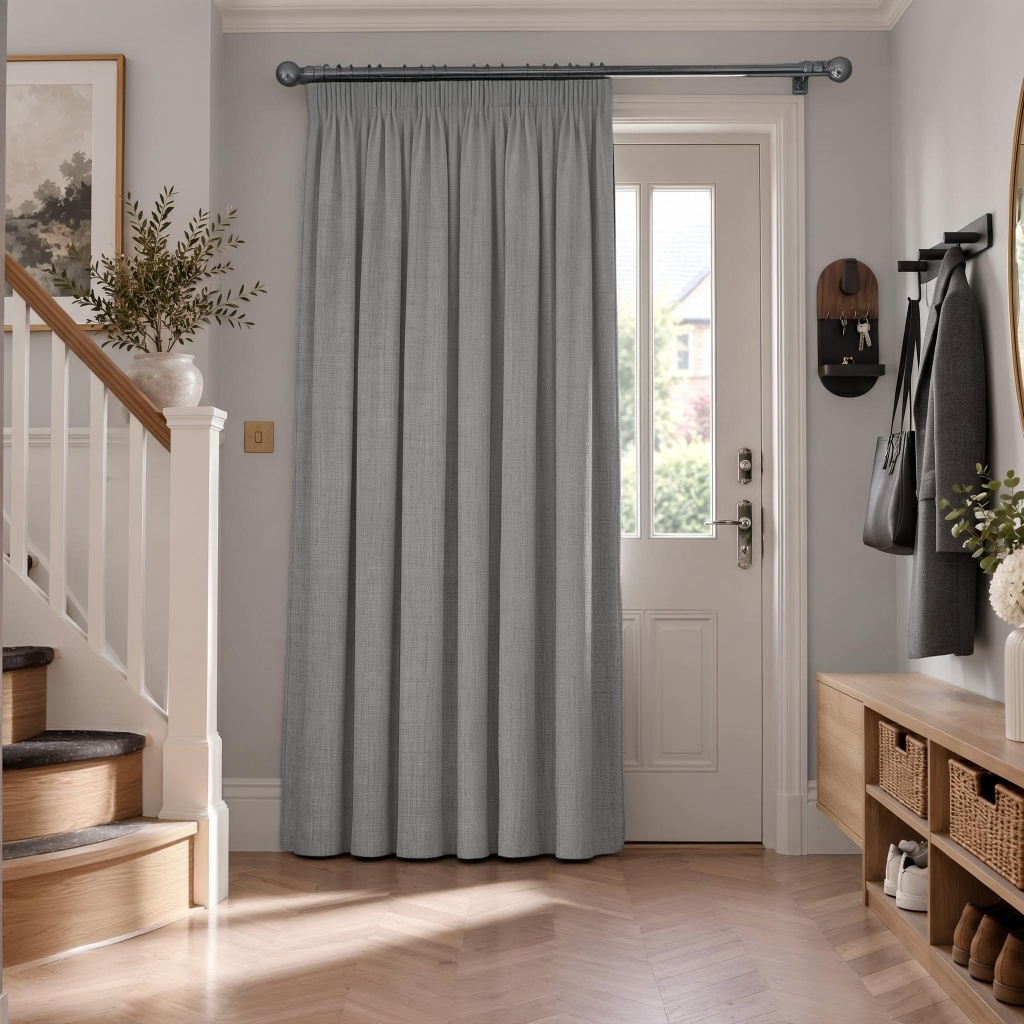 Stone Grey Thermal Door Curtain in a Hallway with Light Grey Walls and a White Wooden Staircase