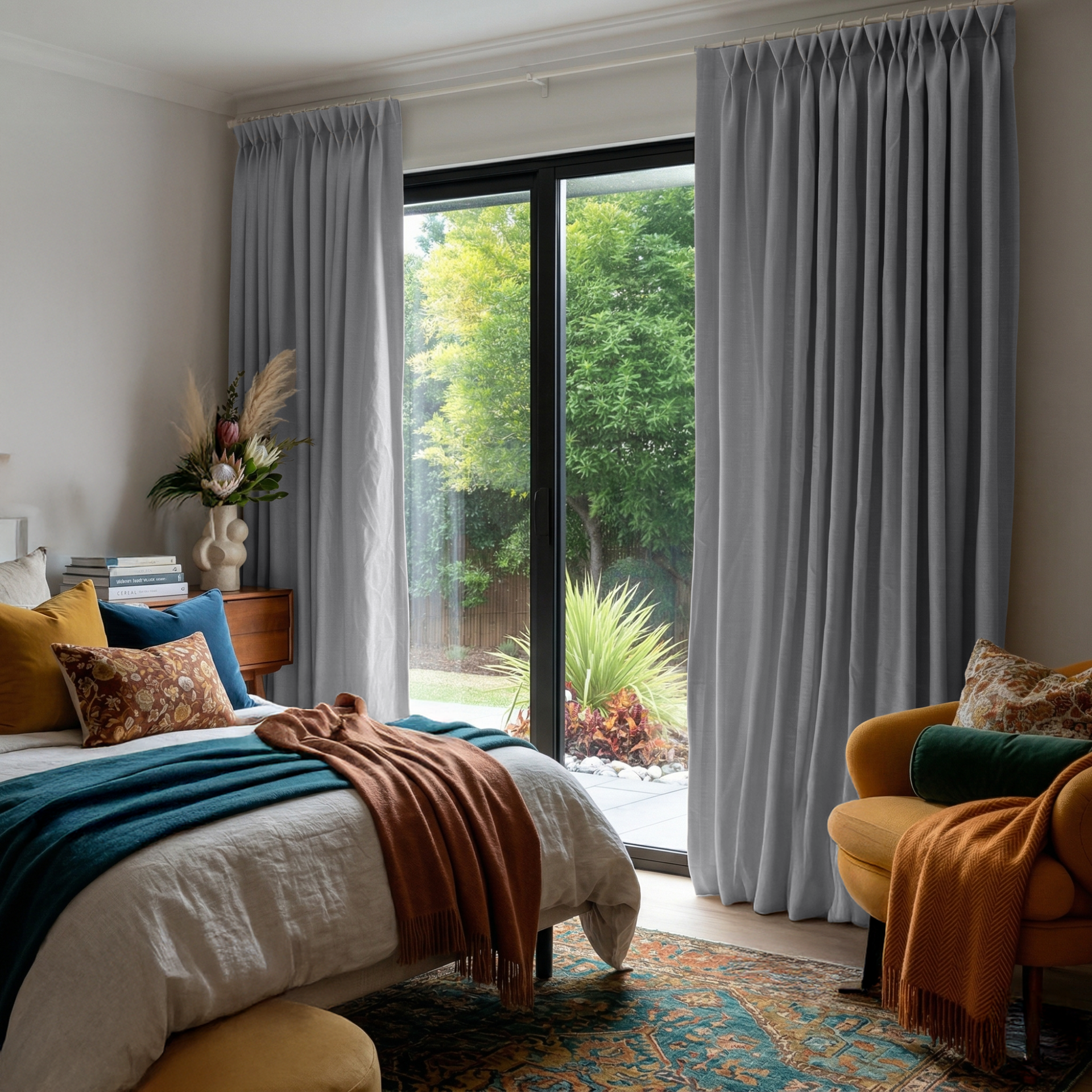 Stone Grey Linen Pinch Pleat Curtains for Sliding Doors in a Bedroom with Warm White Walls - Blackout Lining