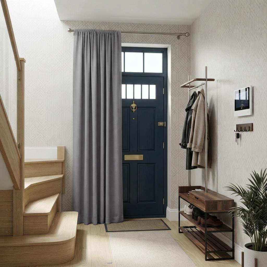 Stone Grey Thermal Door Curtain in a Hallway with Geometric Wallpaper and a Navy Blue Door