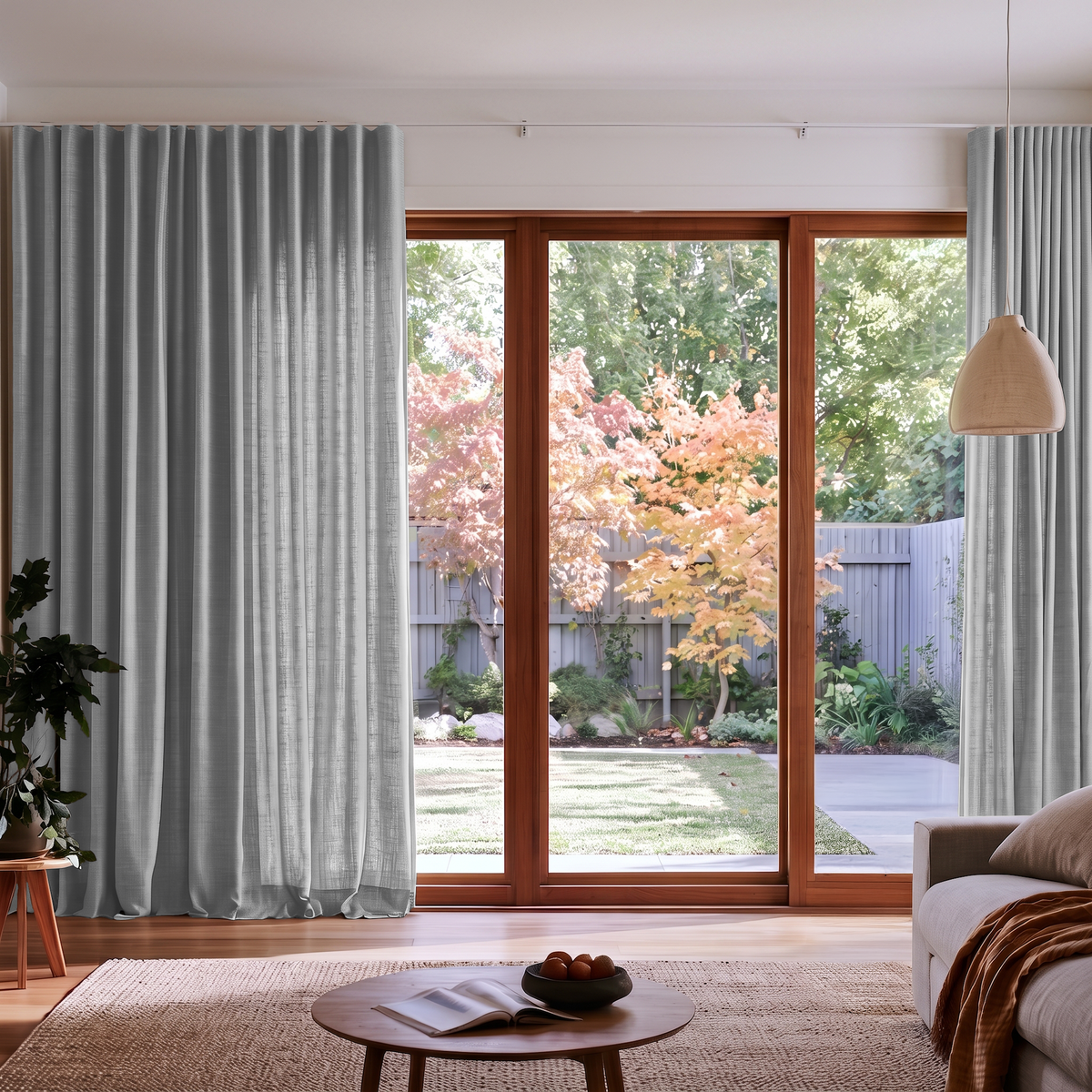 Stone Grey Linen S-Fold Extra Long Curtains in a Modern Living Room with Floor-to-Ceiling Windows and Warm Wood Accents