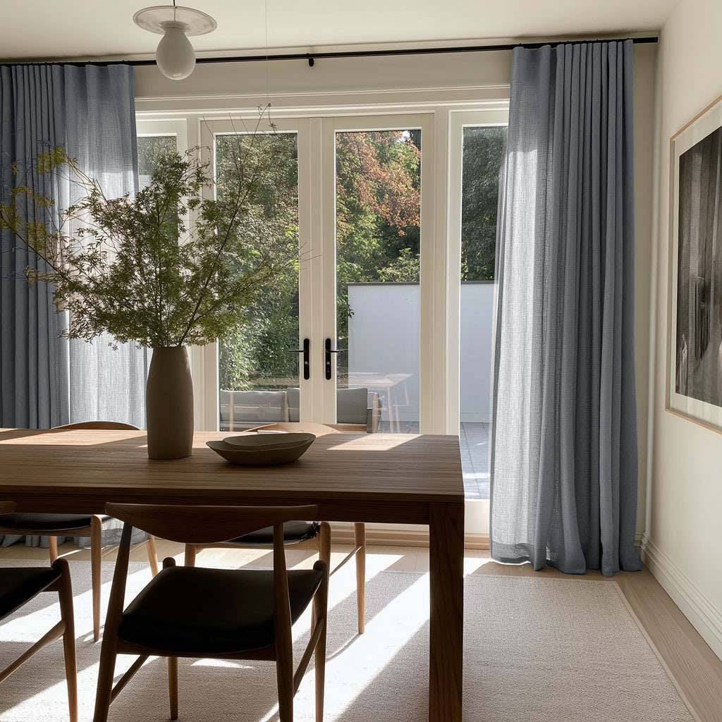 A dining room interior with light gray curtains framing tall white French doors, a wooden dining table, chairs, a vase with branches, and a rug. No person or animal is present.