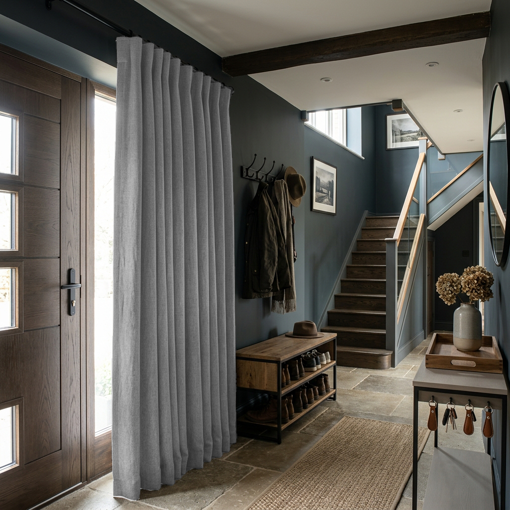 Stone Grey Thermal Door Curtain in a Hallway with Dark Walls and a Wooden Bench