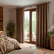 Tawny Brown Linen Back Tab Curtains for Bifold Doors in a Bedroom with Beige Walls - Blackout Lining