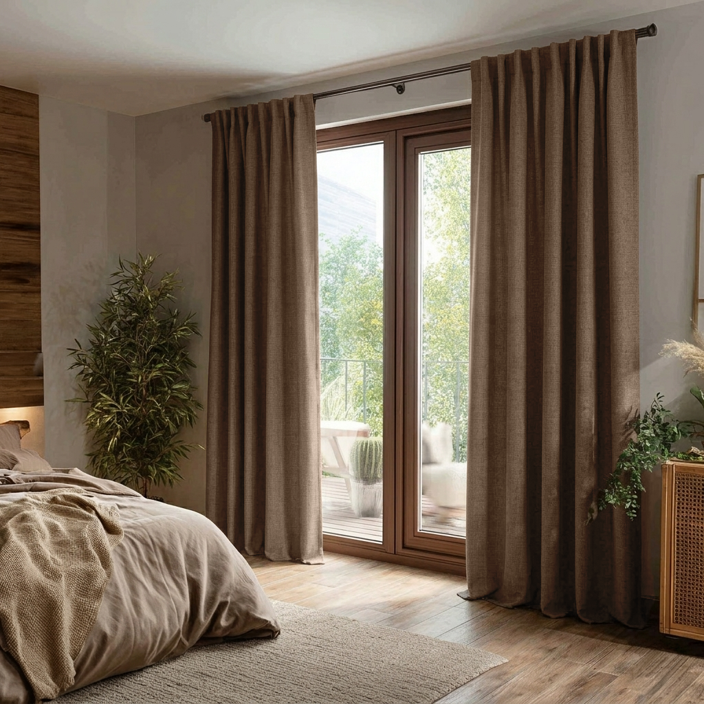 Tawny Brown Linen Back Tab Curtains for Bifold Doors in a Bedroom with Beige Walls - Blackout Lining