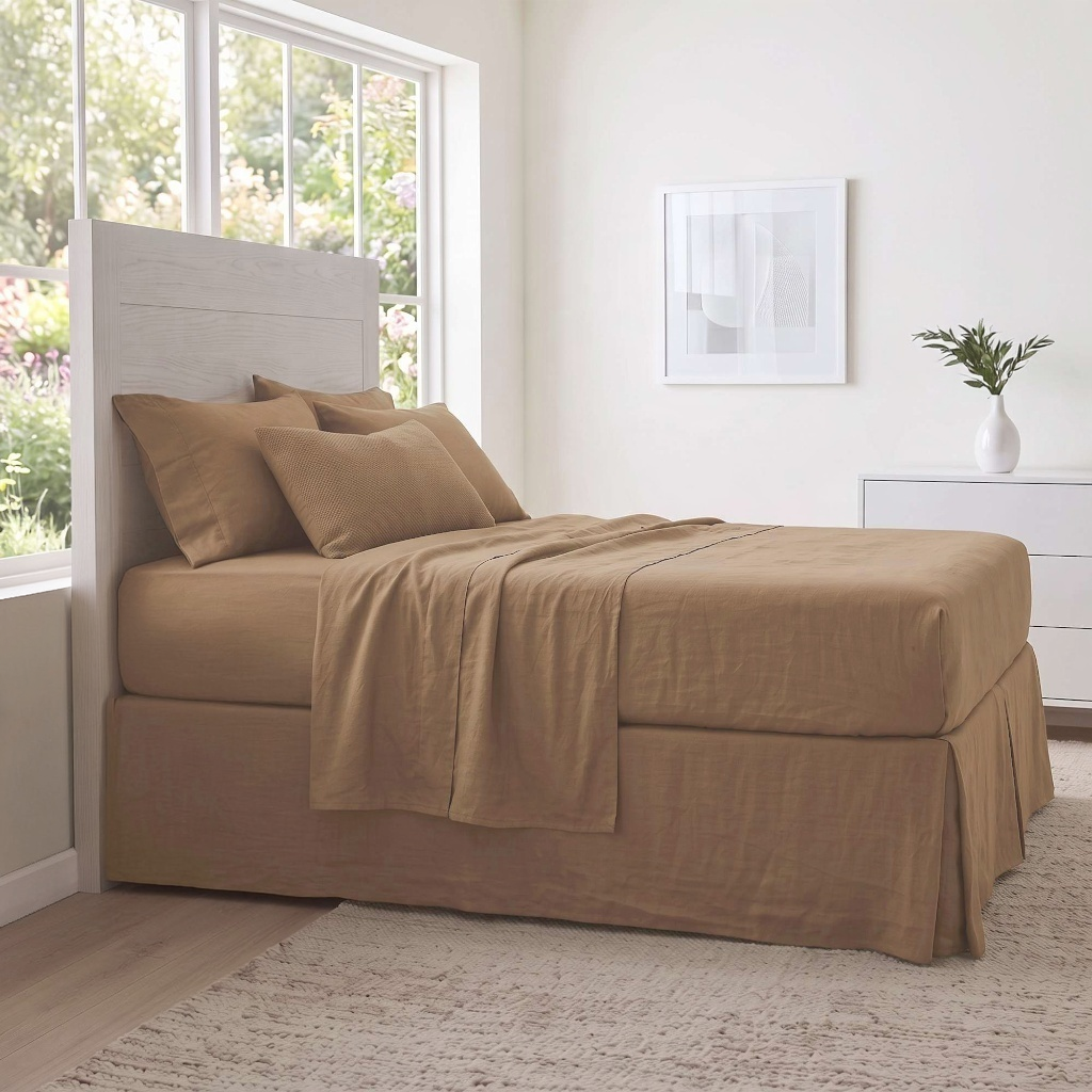 Tawny Brown Linen Bed Skirt with Pleats 