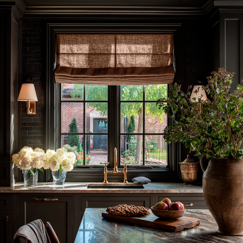 Tawny Brown Linen Roman Blinds in a Moody Kitchen with Dark Trim - Blackout Lining