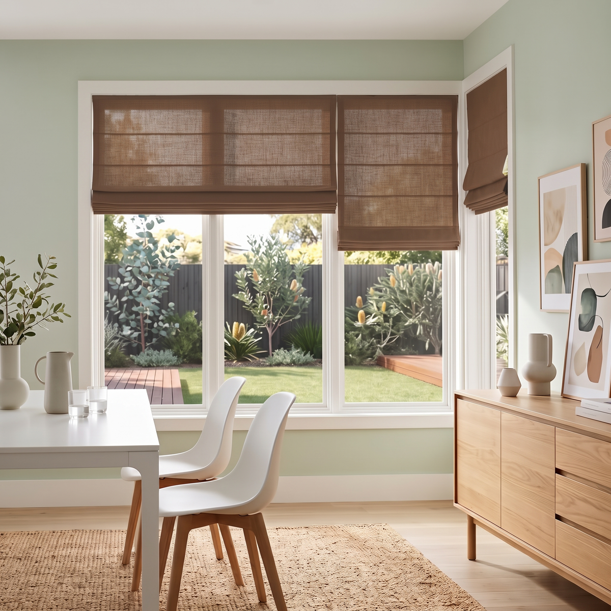 Tawny Brown Cordless Linen Roman Blinds in a Dining Room with Sage Green Walls and a White Dining Table