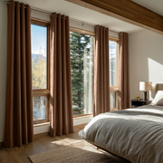 Tawny Brown Linen Eyelet Curtains in a Cozy Mountain Bedroom with Exposed Wood Beams - Blackout Lining