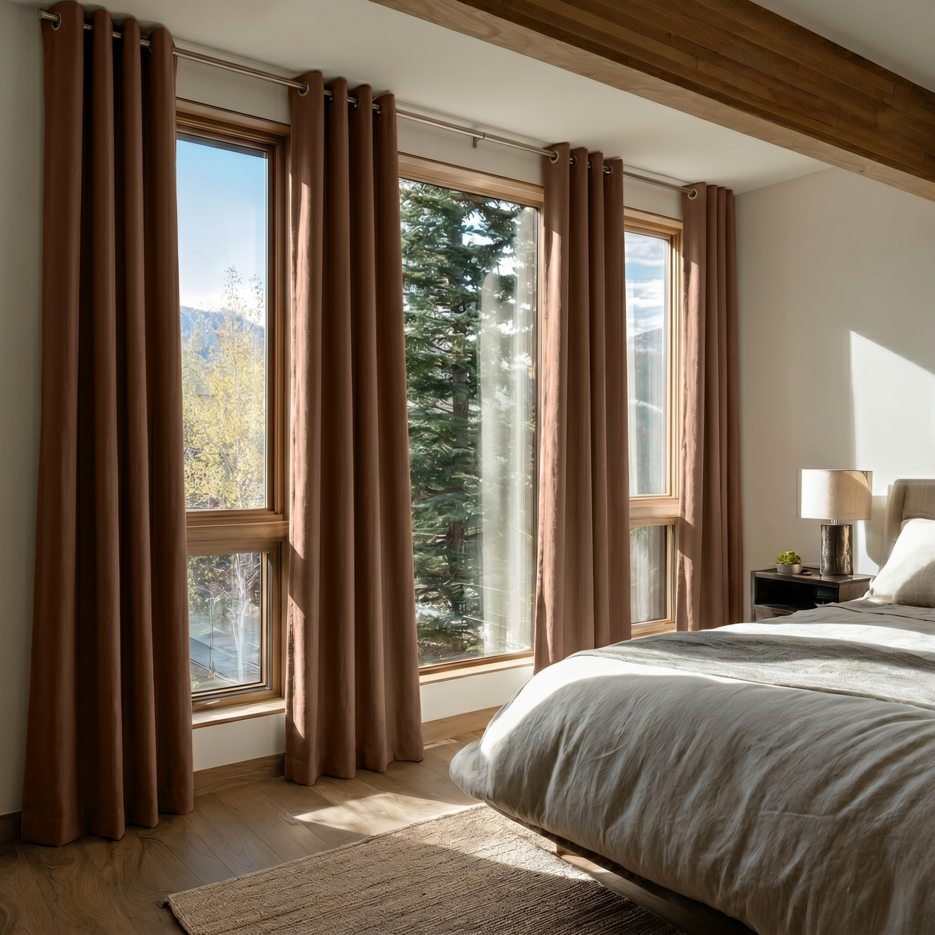 Tawny Brown Linen Eyelet Curtains in a Cozy Mountain Bedroom with Exposed Wood Beams - Blackout Lining