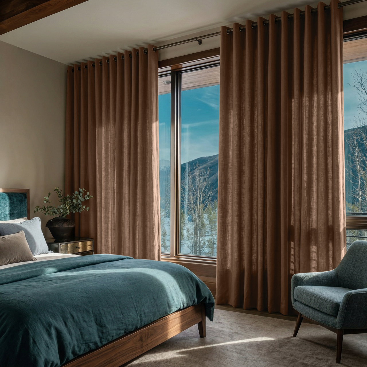 Tawny Brown Linen Eyelet Curtains in a Modern Rustic Bedroom with Rich Wood Accents - Cotton Lining