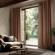 Tawny Brown Linen Eyelet Curtains for Bifold Doors in a Living Room with Light Grey Walls