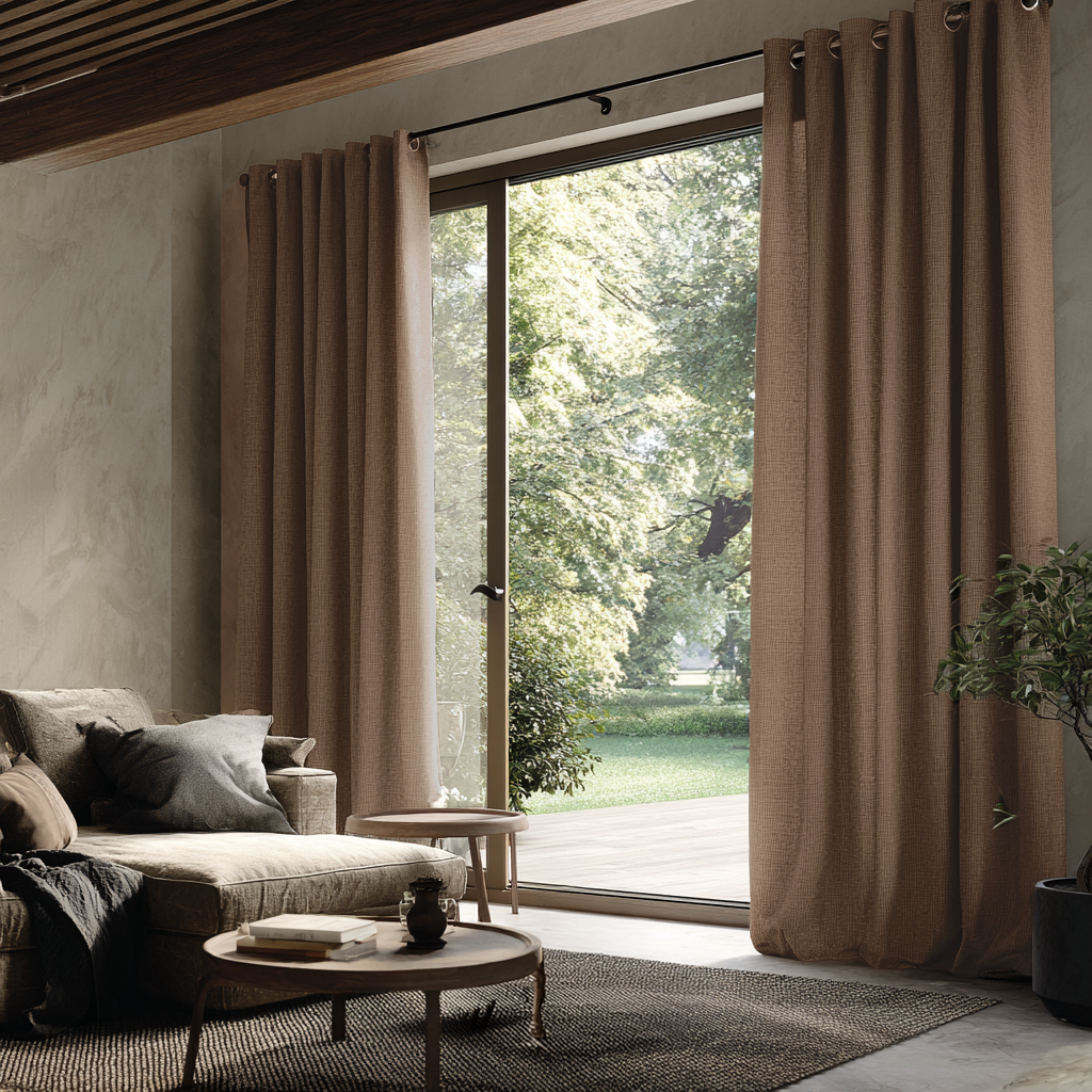 Tawny Brown Linen Eyelet Curtains for Bifold Doors in a Living Room with Light Grey Walls