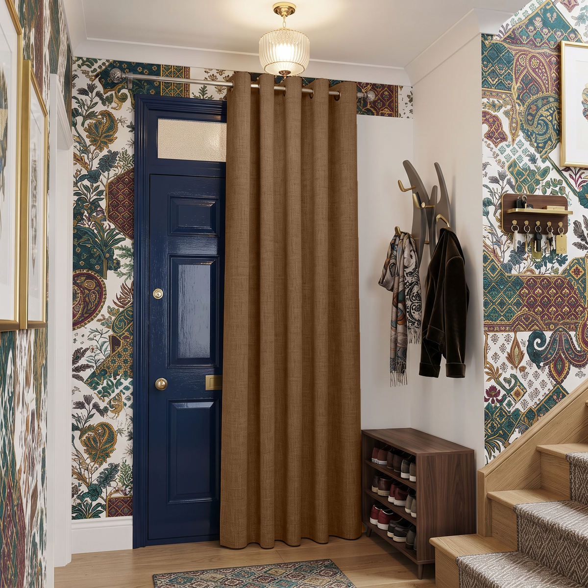 Thermal Door Curtains in a Hallway with a Blue Door and Wooden Coat Rack
