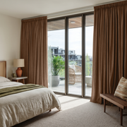 Tawny Brown Linen Pencil Pleat Bedroom Curtains in an Airy Modern Bedroom - Cotton Lining
