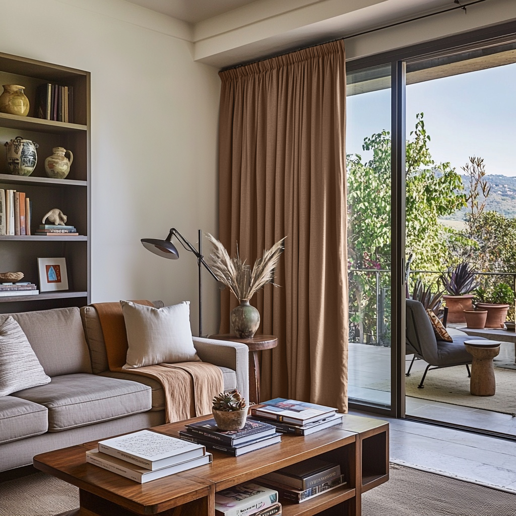 Tawny Brown Linen Pencil Pleat Curtains for Sliding Doors in a Living Room with Off-White Walls - Blackout Lining