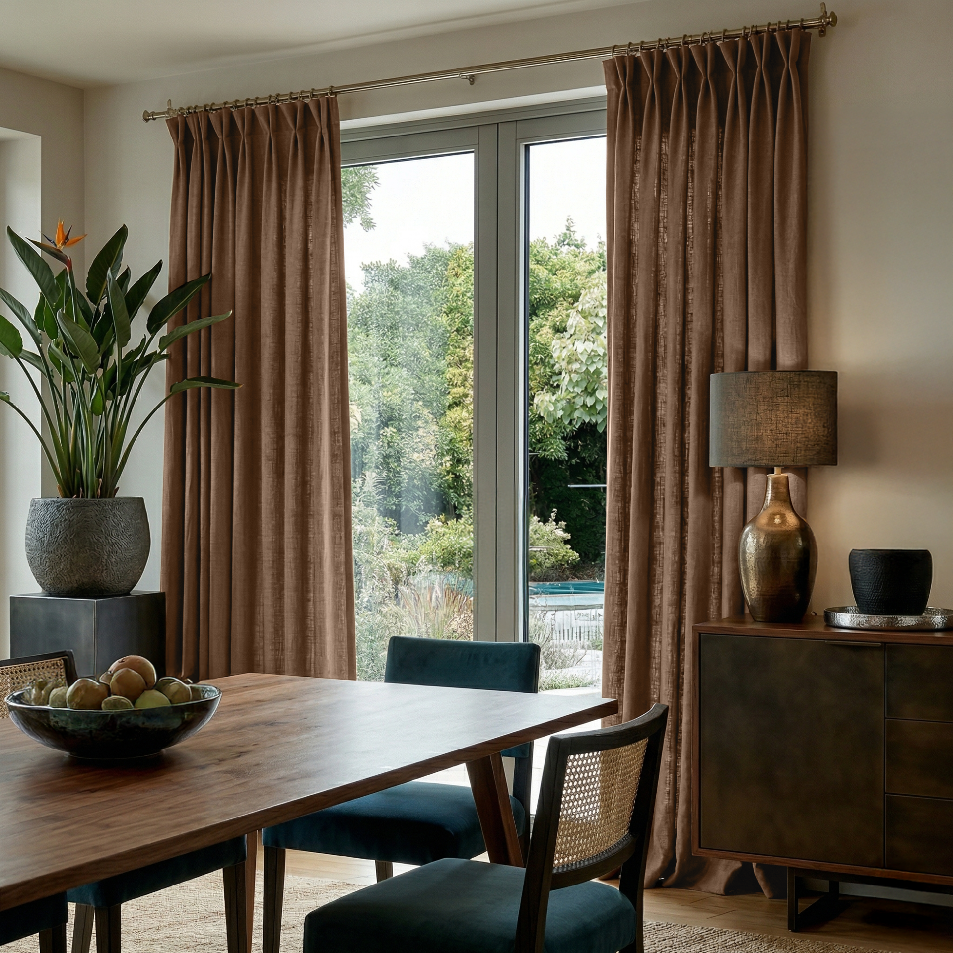 Tawny Brown Linen Pinch Pleat Curtains for Bifold Doors in a Dining Room with Cream Walls