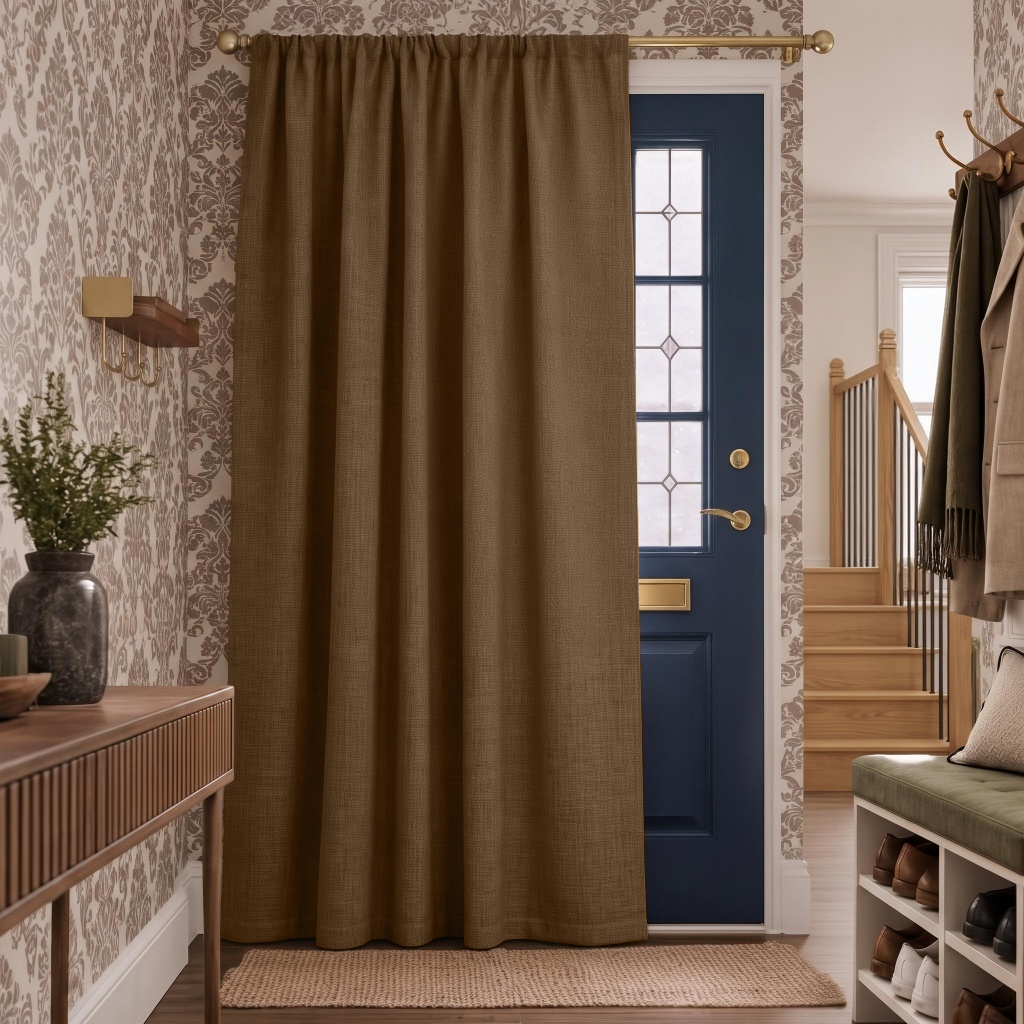 Thermal Door Curtains in a Hallway with Beige Damask Wallpaper and a Blue Door and Wooden Console Table