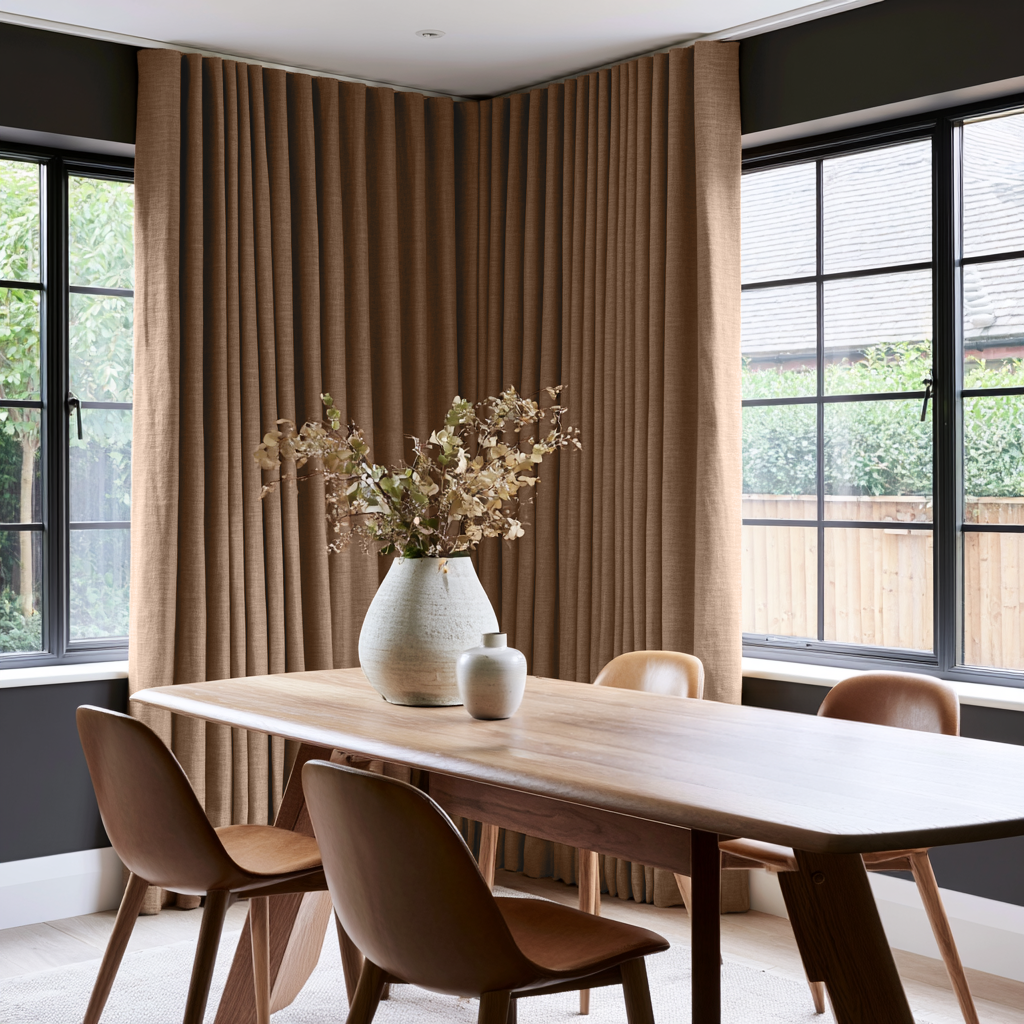 Tawny Brown Linen S-Fold Curtains in a Contemporary Dining Room with Black-Framed Windows and Sculptural Ceramic Vases