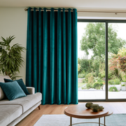 Teal Velvet Eyelets Extra Long Curtains in a Modern Living Room with Grey Sofa and Garden View