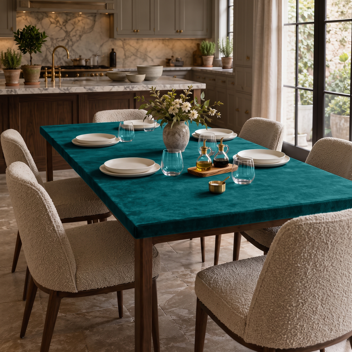 Teal Fitted Rectangular Velvet Tablecloth in a Transitional Kitchen with Cream Bouclé Chairs and Marble Countertops