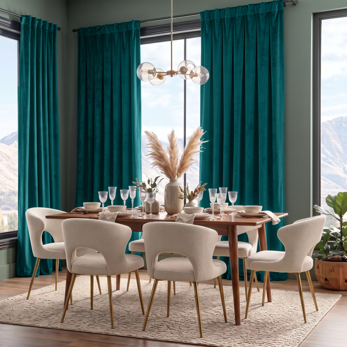 A styled dining room scene with a wooden dining table, six cream upholstered chairs with gold legs, teal curtains, large windows, and a mountain view outside.