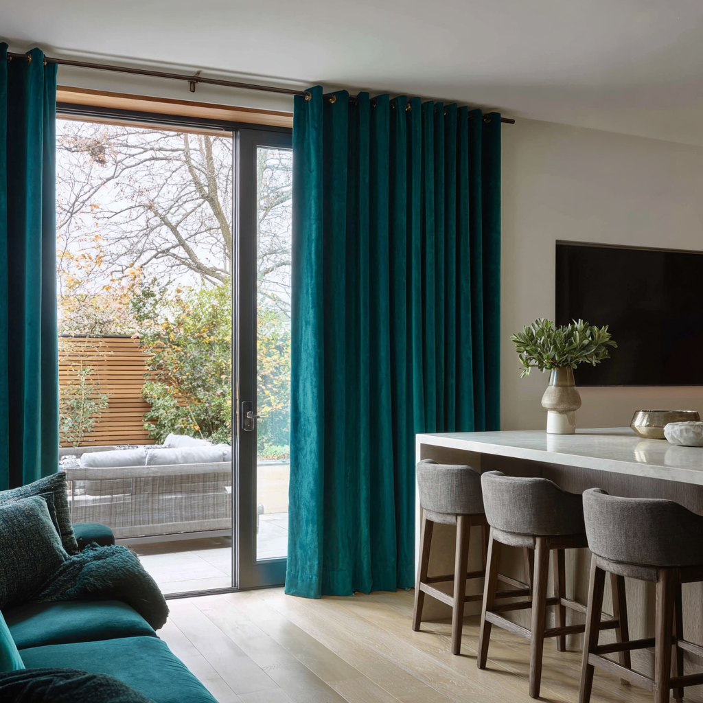 Teal Velvet Eyelet Blackout Curtains for Sliding Doors in a Kitchen with Light Grey Walls