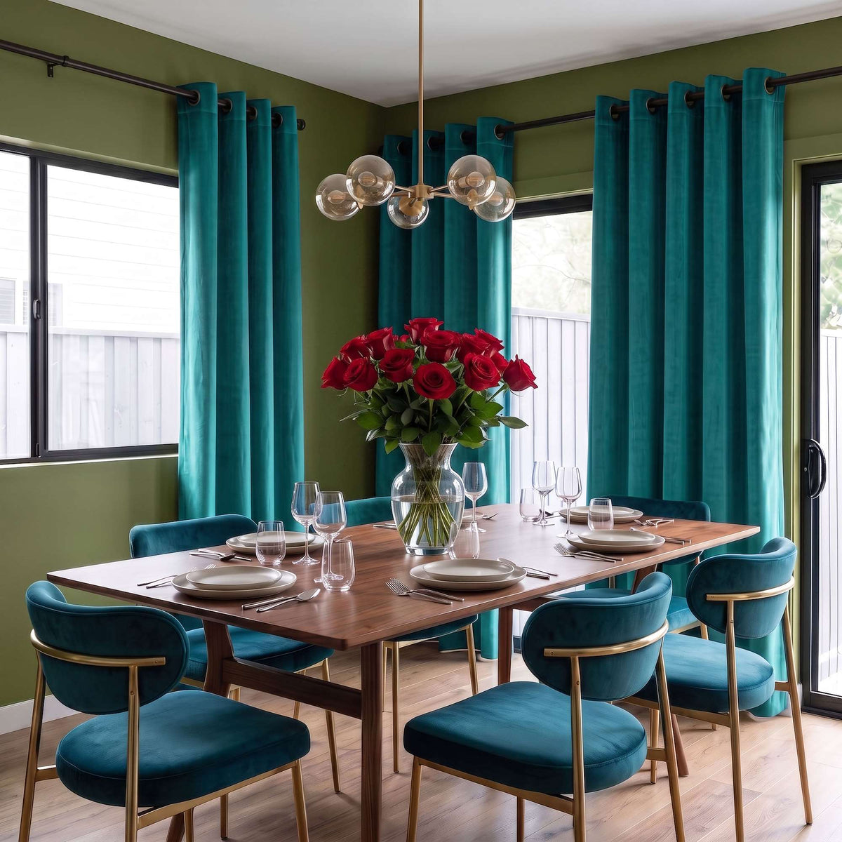 Dining room with teal curtains and chairs, a wooden table, and red roses.