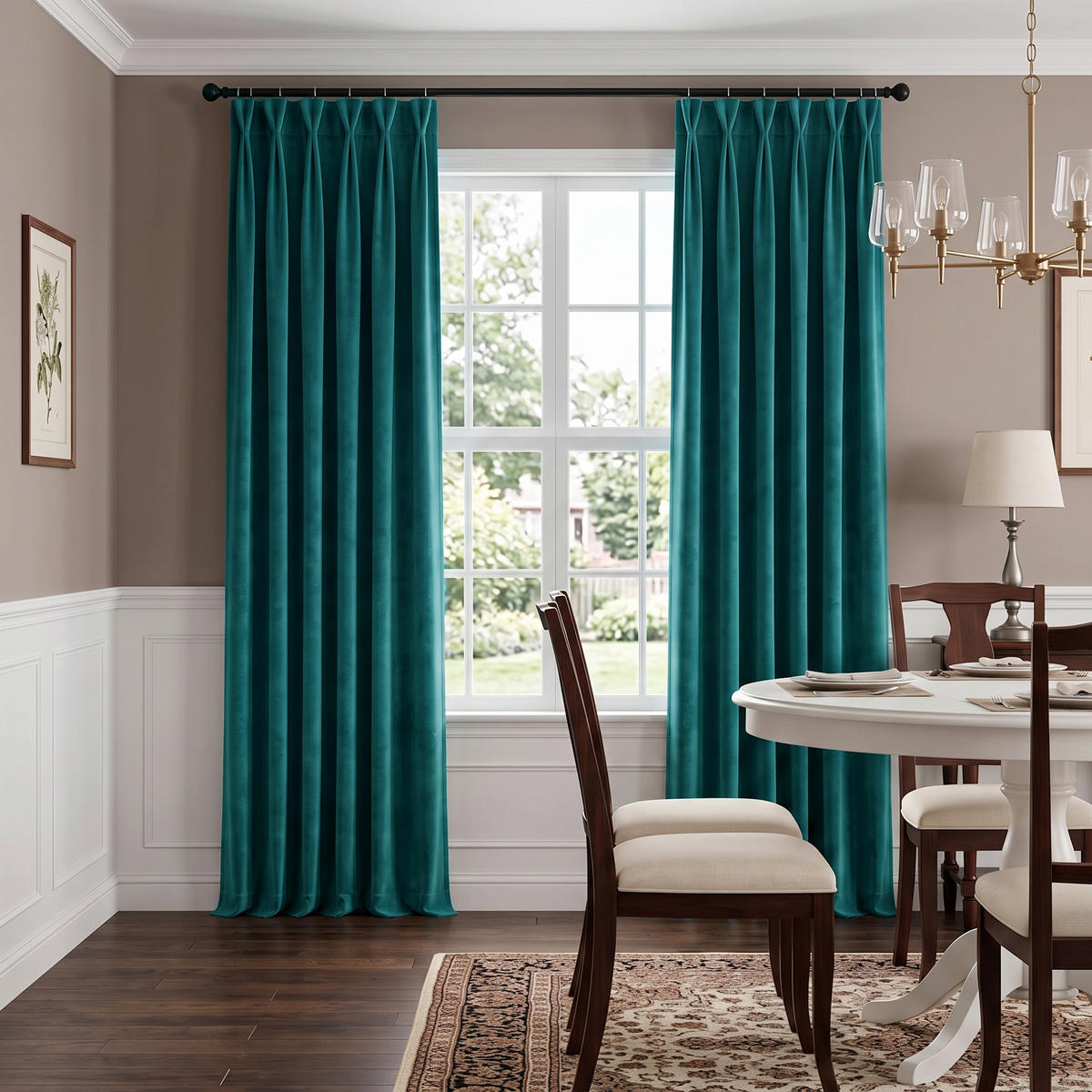 A pair of teal window curtains hanging on a dark rod in a dining room with wood floors, a white table, chairs, and a chandelier.