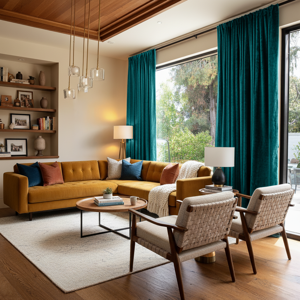 Teal Velvet Rod Pocket Blackout Curtains in a Living Room with Cream Walls