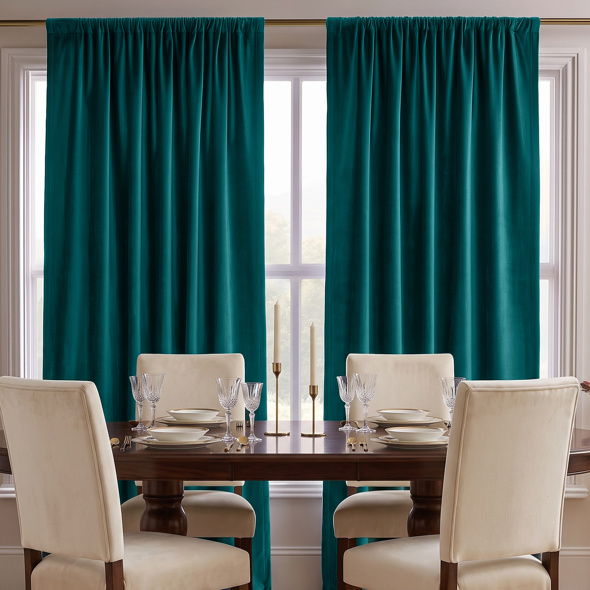 A pair of floor-length teal curtains hanging on a gold rod over two tall windows, with a dark wood dining table and cream upholstered chairs set in front.