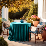 Teal Velvet Round Tablecloth in a Sunlit Patio Dining Setting