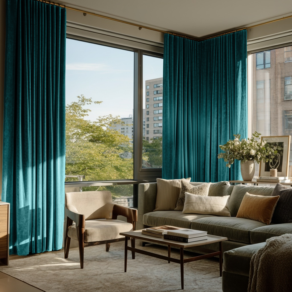 Teal Velvet S-Fold Blackout Curtains in a Living Room with Cream Walls