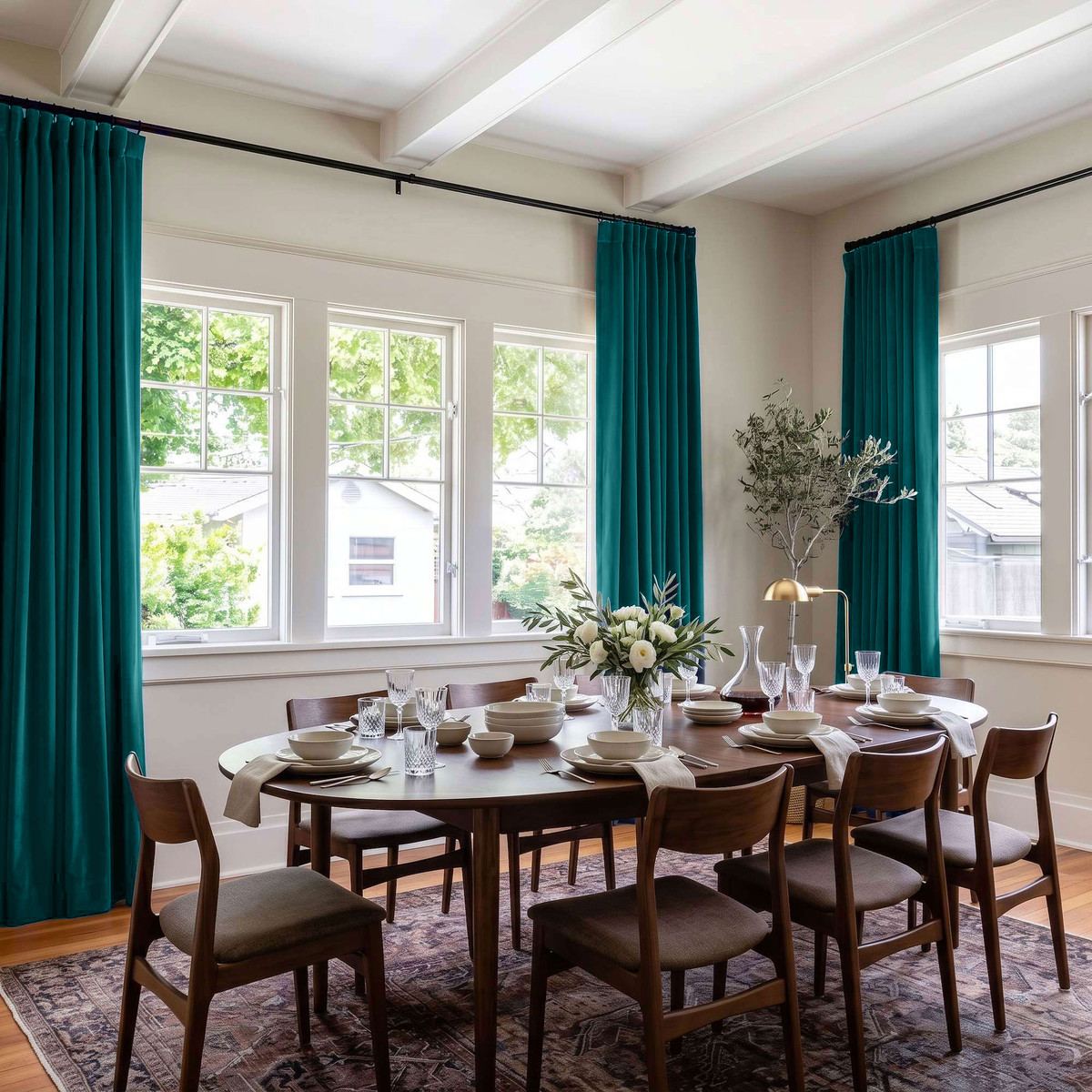 A styled dining room with a round wooden dining table set for six, surrounded by mid-century modern wooden chairs with upholstered seats. The room features high ceilings with white beams, large multi-pane windows, and floor-length teal curtains.