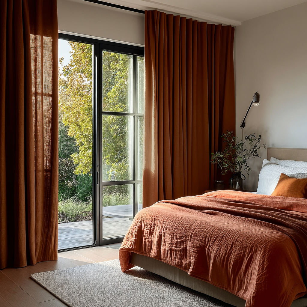 Terracotta Heavy Weight Linen Back Tab Curtains for Sliding Door in a Warm Bedroom - Blackout Lining