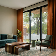 Terracotta Heavy Weight Linen Back Tab Curtains for Large Sliding Doors in a Living Room with Beige Walls - Cotton Lining