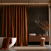 Terracotta Heavy Weight Linen Button-Hole Top Weighted Shower Curtain in a Minimalist Bathroom Interior with Dark Tiled Walls