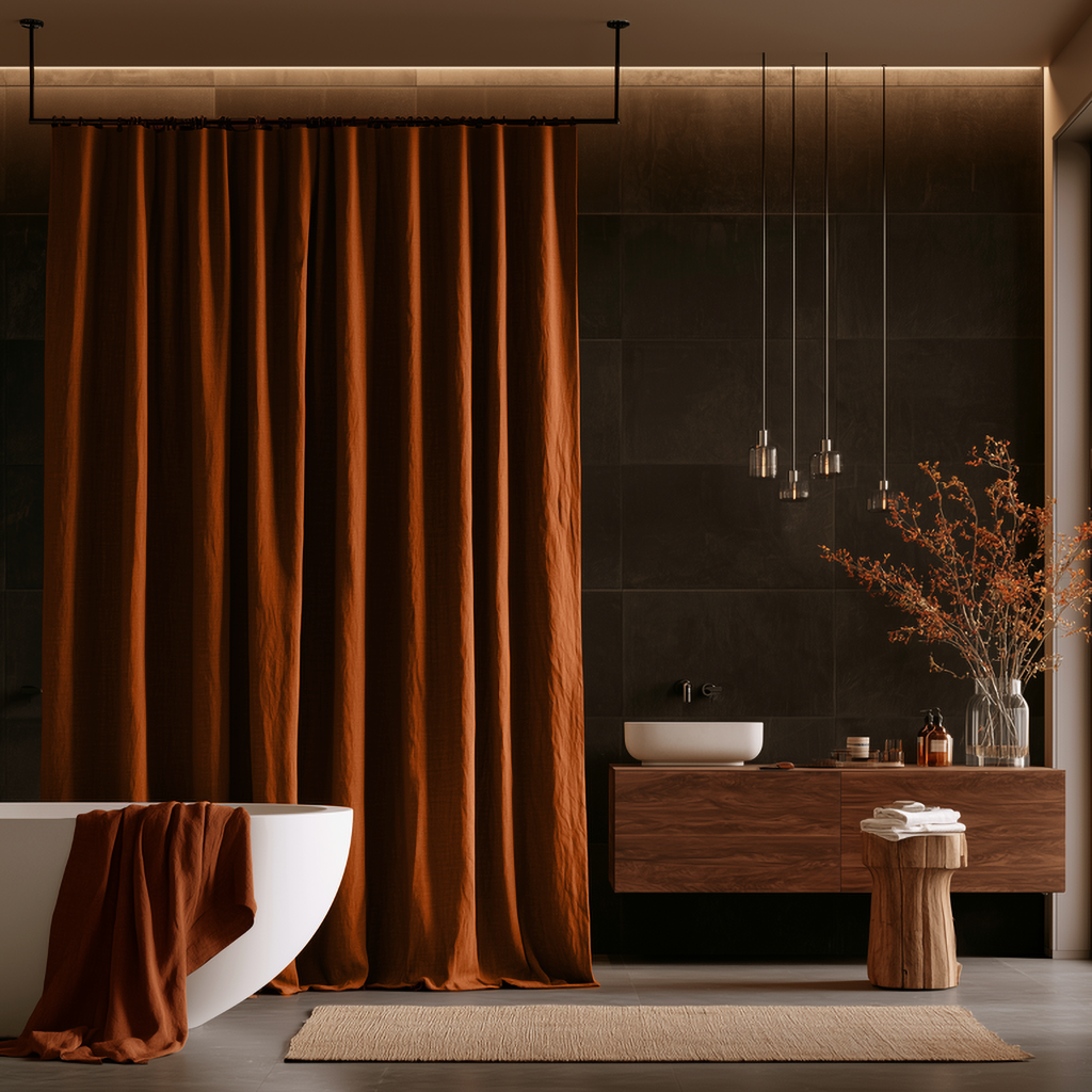 Terracotta Heavy Weight Linen Button-Hole Top Weighted Shower Curtain in a Minimalist Bathroom Interior with Dark Tiled Walls
