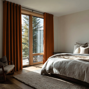 Terracotta Heavy Weight Linen Eyelet Curtains in a Serene Mountain Bedroom With Light Beige Walls and Natural Wood Tones - Blackout Lining