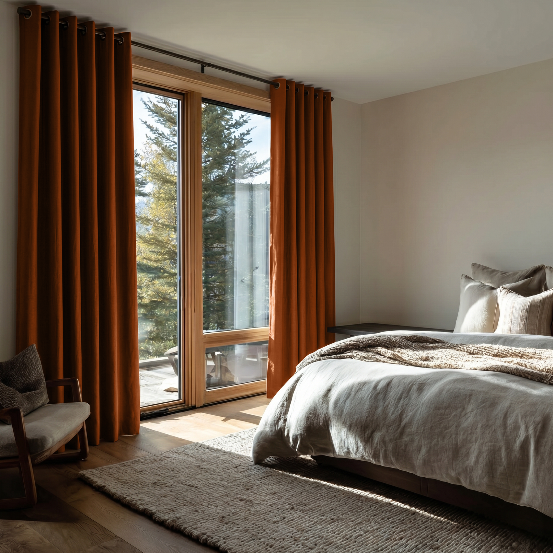 Terracotta Heavy Weight Linen Eyelet Curtains in a Serene Mountain Bedroom With Light Beige Walls and Natural Wood Tones - Blackout Lining