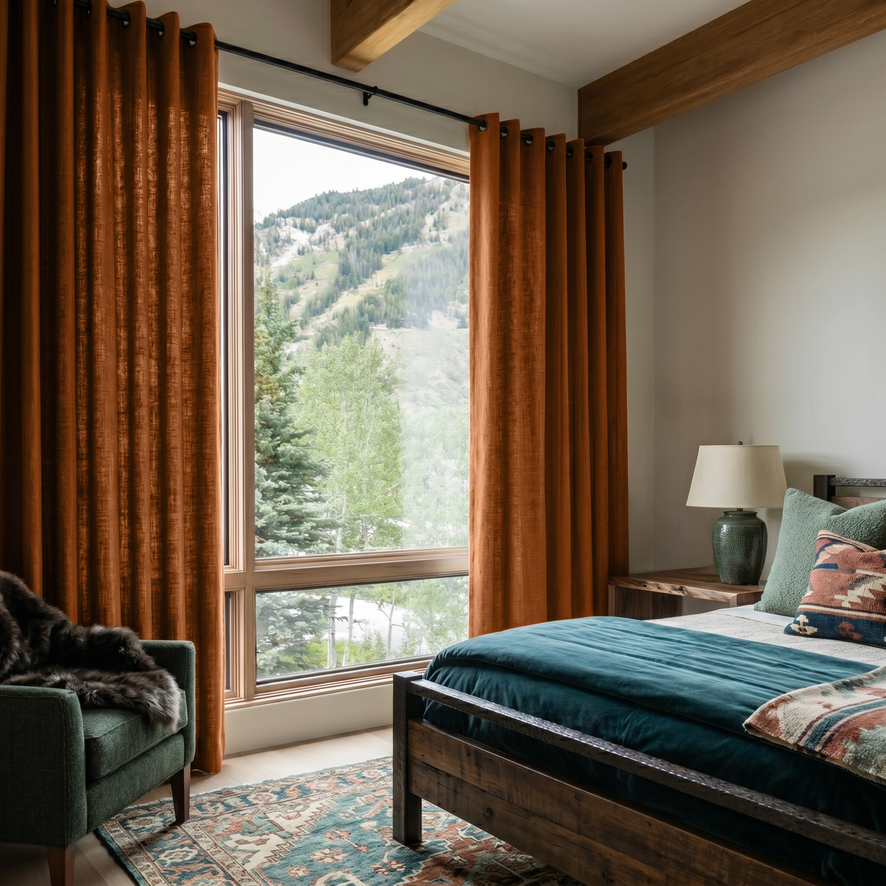 Terracotta Heavy Weight Linen Eyelet Curtains in a Rustic Mountain Bedroom With Warm Taupe Walls and Teal Bedding - Cotton Lining