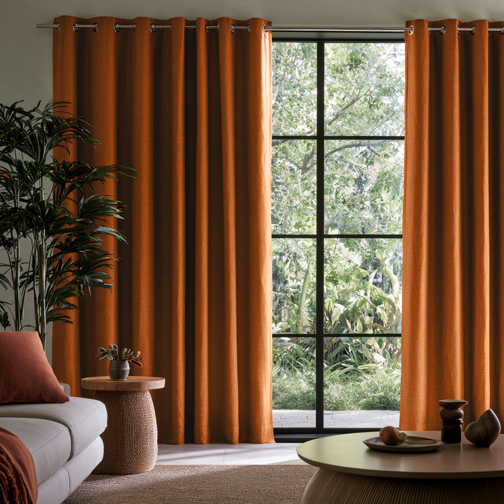 Terracotta Heavy Weight Linen Eyelets Extra Long Curtains in a Modern Organic Living Room with Black-Framed Windows and Natural Textures