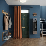 Terracotta Heavy Weight Thermal Door Curtains in a Hallway with Blue Walls and Wood-Panelled Doors